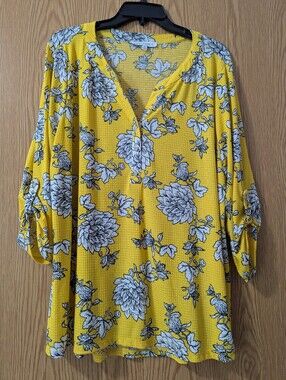 Bright Yellow Floral V-Neck, Stretch Women's Top